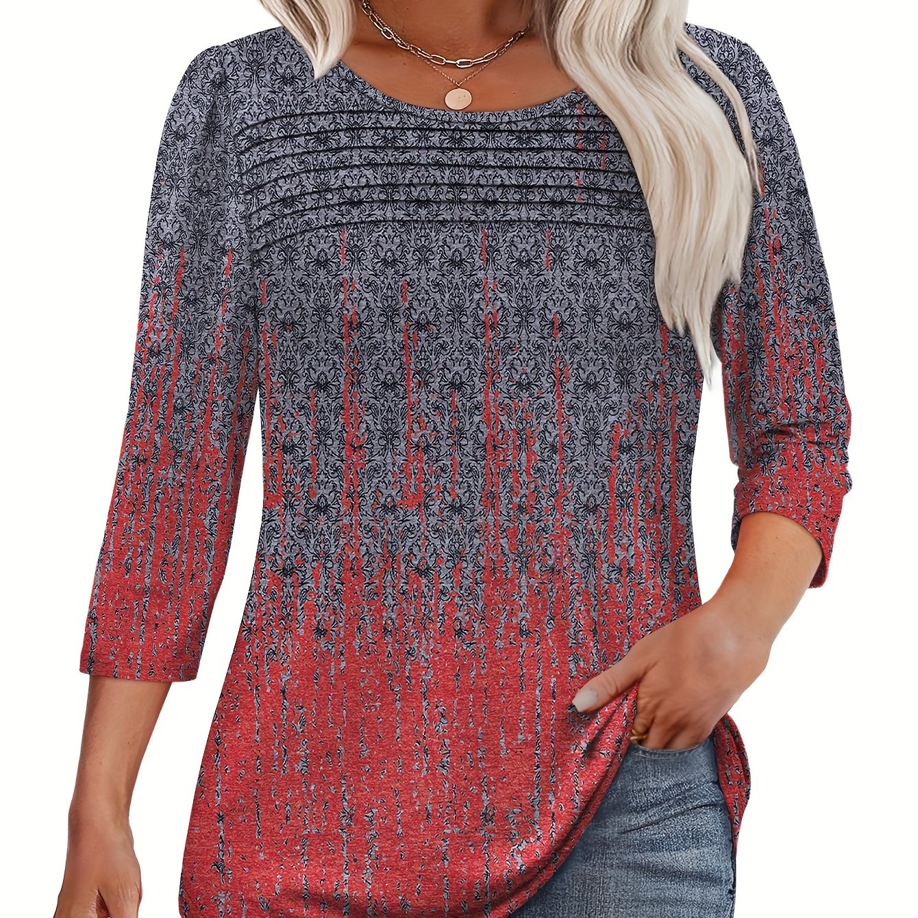 TEMU Women's Casual 3-4 Sleeve T-shirt With All-, Relaxed Fit Round Neck, Machine Washable, Versatile Top For Casual Attire, Ladies T Shirts, Durable