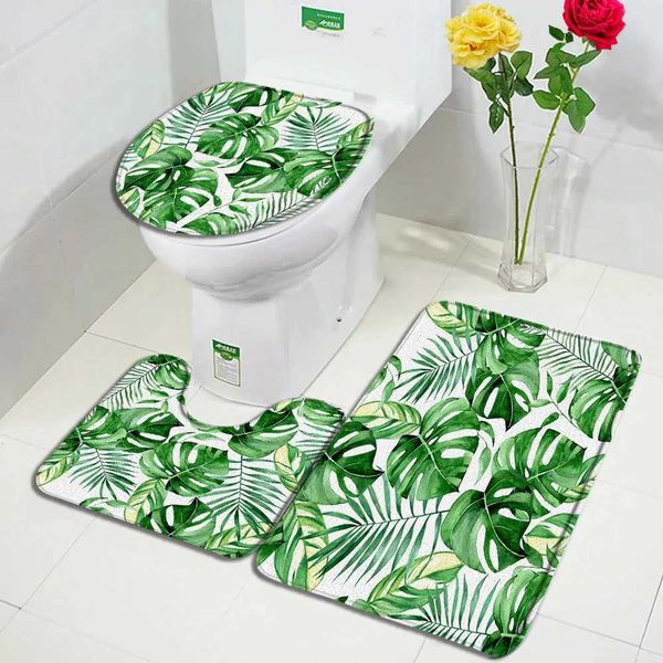 Tropical Leaf Bath Mat Set Green Watercolor Palm Leaf Monster Plant Home Carpet Bathroom Decoration Anti slip Carpet Toilet Cover M240829