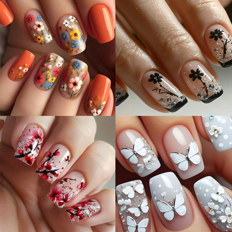 TEMU 96pcs 4pcs Glossy Flower Press-on Nails, Medium-short False Nails With Peach Pattern And Shiny Decoration, Reusable Chinese Style Nail Art,