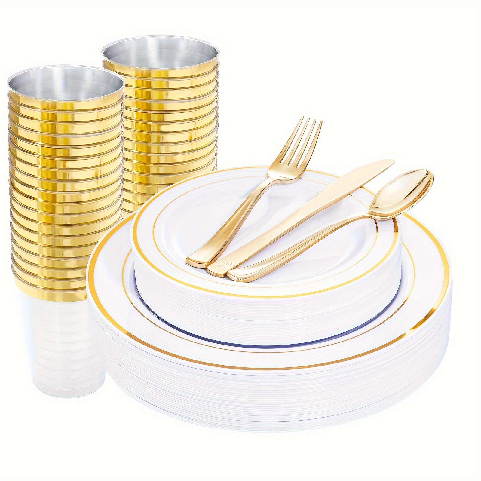 TEMU 96 Pcs Golden Plastic Plates, Disposable Golden Silverware And Cups, Golden Dinnerware Set, Includes: 16 Dinner Plates 10.25", 16 Dessert Plates