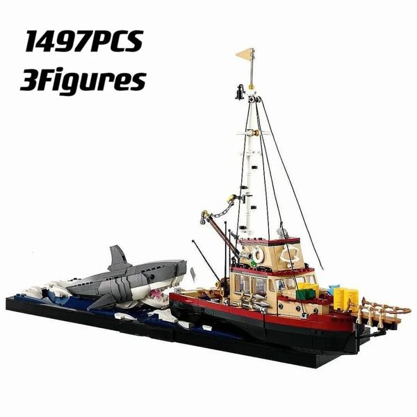 Jaws Diorama Boat Shark Pirate Ship Building Blocks Compatible legoed Fishing Boaf Model Bricks Toys Birthday Gift For Kid 241118