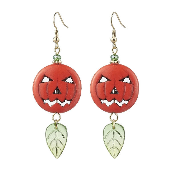 Boucles d'oreilles pendantes en citrouille turquoise synthétique et feuille de verre
