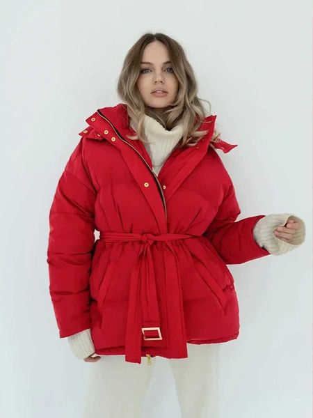 Women&#039;s Down Parkas Wolfeel Fashion Thick Warm Puff Jacket Womens Autumn Winter Hat Zipper Soft Bread Jacket Parkas Office Womens Belt