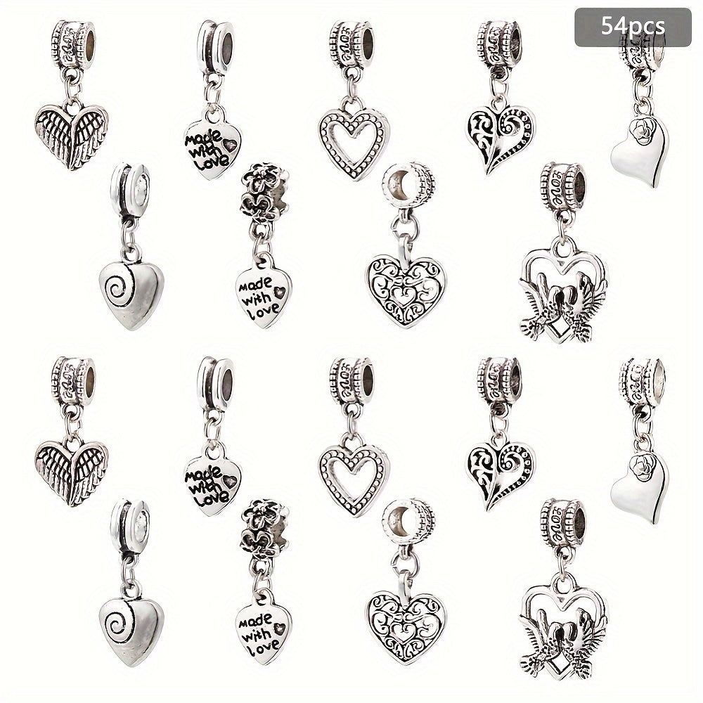 TEMU 1box 54pcs 9 Styles Love Heart Pendants, Alloy Dangle Charms, Jewelry Making Charms For Necklace Bracelet Jewelry Making And Crafting, Antique