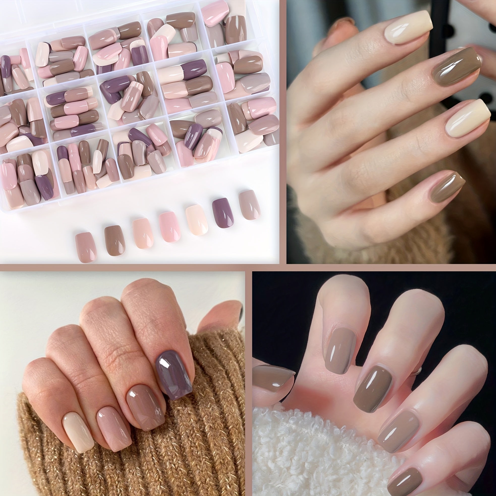 TEMU 210pcs Yeses Short Square Press-on Nails For Women & S - 7 Neutral Colors (beige, Pink, Lavender, Nude, Light Brown, Dark Brown,) Glossy Finish