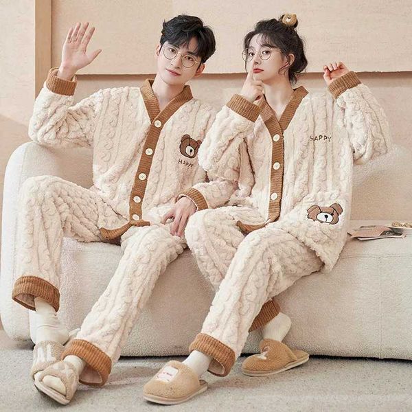 Couples Pajamas Sets Women Men Winter Flannel Thicken Pyjamas Sleepwear Cartoon Korean 2 Piece Homewear Soft Warm Pijama M240905