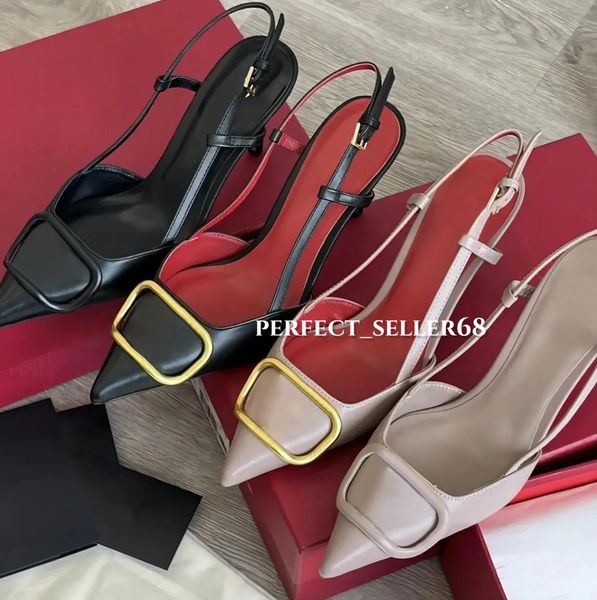 Women Sandals Designer High Heels Shoes Summer Real Leather Brand Pumps 6cm 8cm 10cm Thin Heel Pointed Toe Nude Black Matte Woman Sandal wit