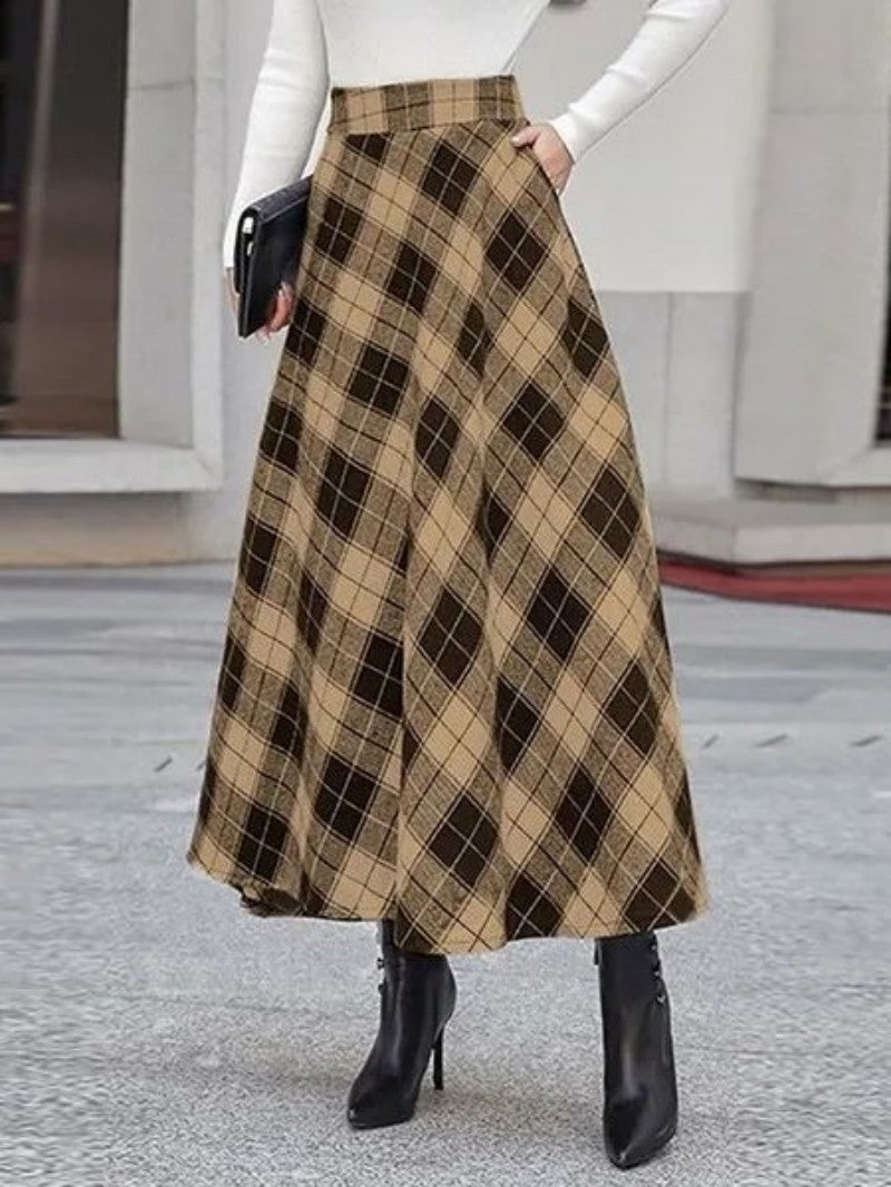 New autumn women&#039;s high waist slim plaid A-line skirt party casual loose swing umbrella long skirt