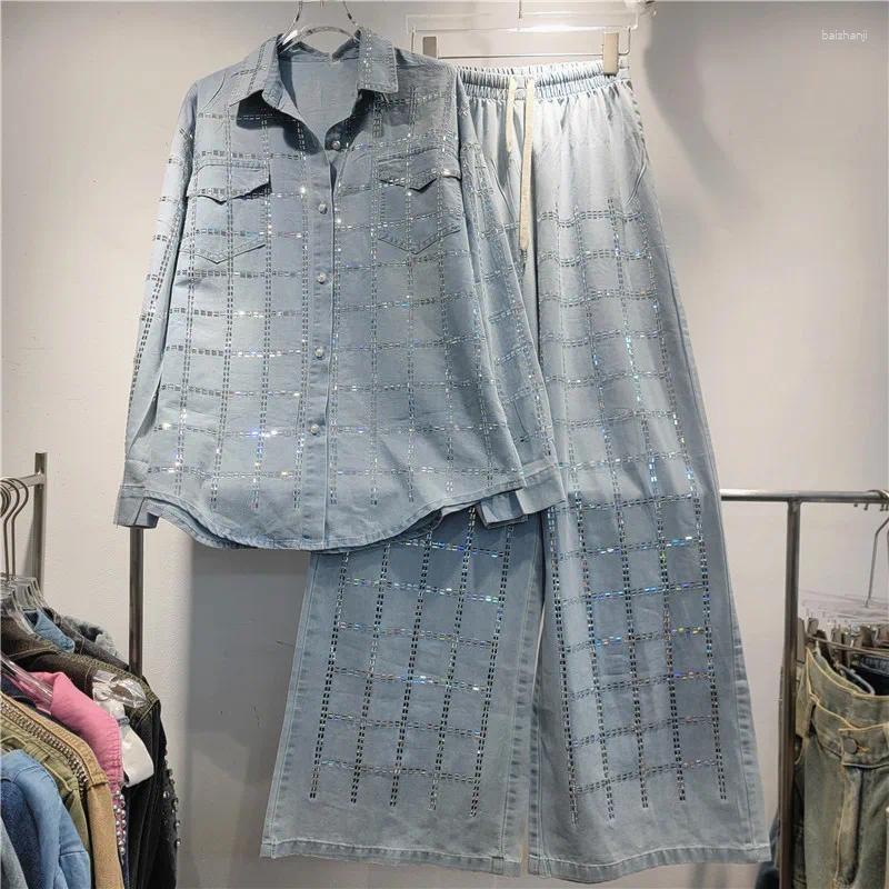 Women&#039;s Two Piece Pants Women Plaids Diamonds Beaded Denim Shirt Rhinestones Jean Blouses Drilling Cardigan Tops Sequined Wide Legs Jeans