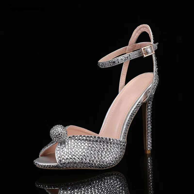 Runway Style Rhie Sequined Peep Toe Women Gladiator Sandals Summer Elegant High Heels Crystal Wedding Banquet Bridal Shoes