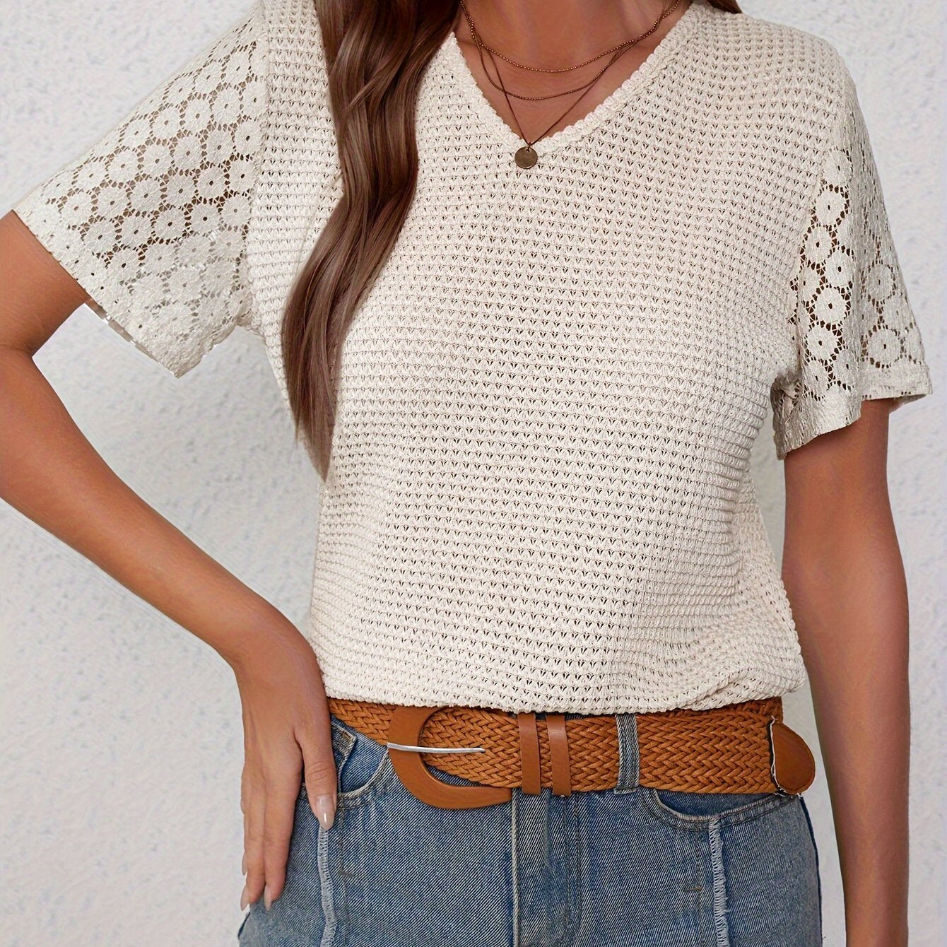 TEMU Contrast Lace Hollow Out T-shirt, Elegant Short Sleeve V Neck T-shirt For , Women's Clothing