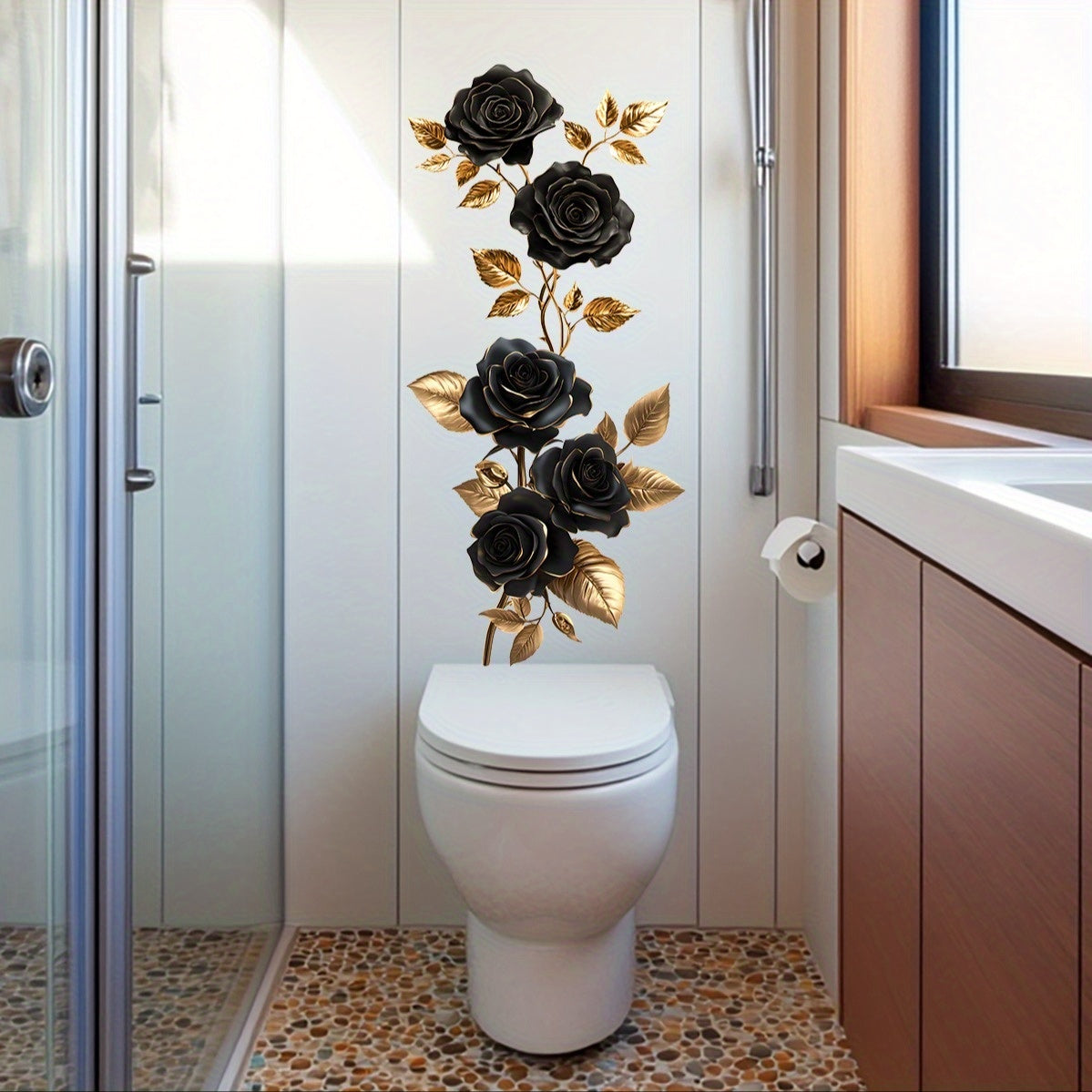 TEMU 1pc Black And Golden Rose Vine Wall Sticker, Suitable For Living Room, Bedroom, And Bathroom Decorative Home Background Art Wall Decal