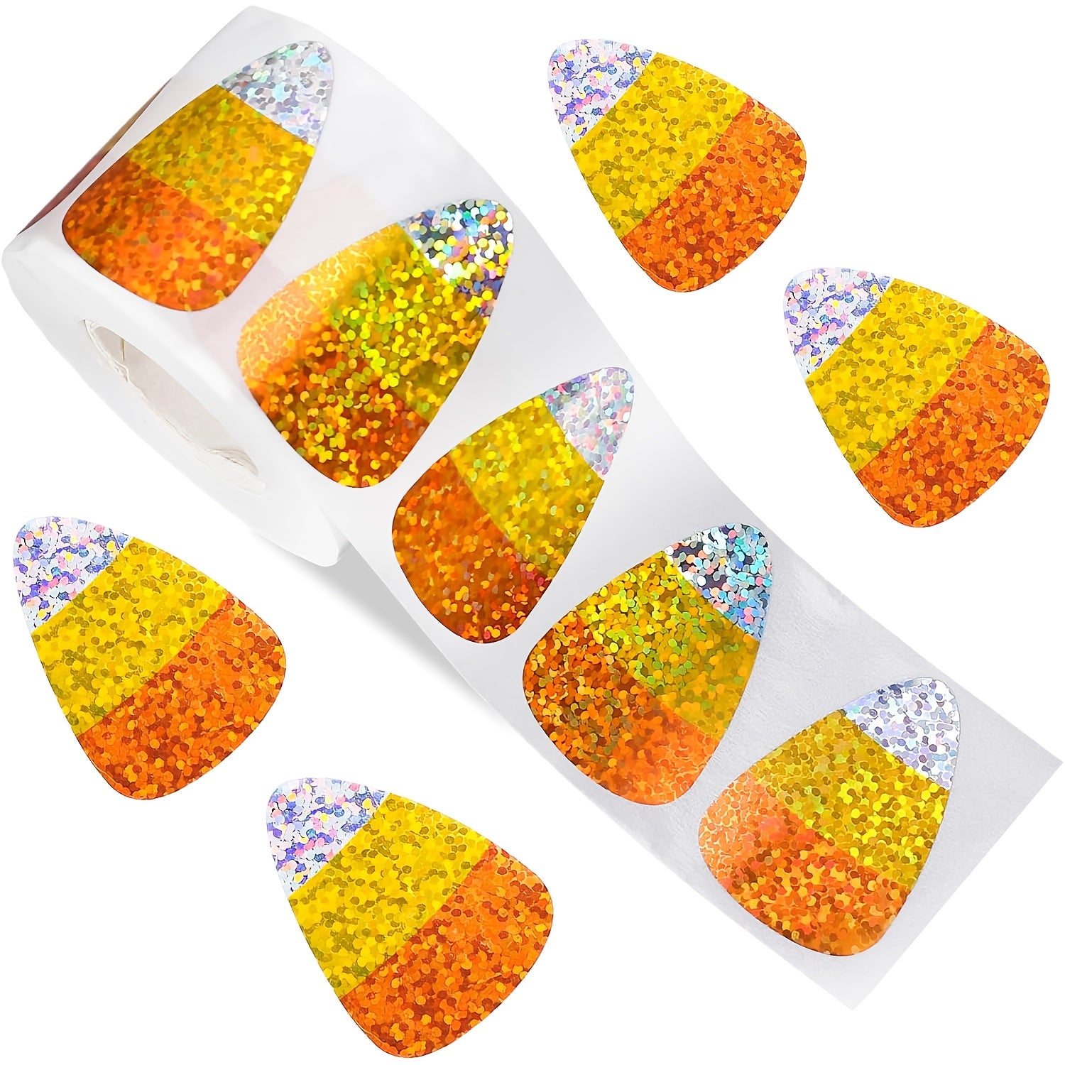 TEMU 500pcs Halloween Stickers Roll - Cartoon-themed Pvc Self-adhesive Labels With Glittery Candy Corn, Pumpkins, Bats & Hats - Glossy Irregular