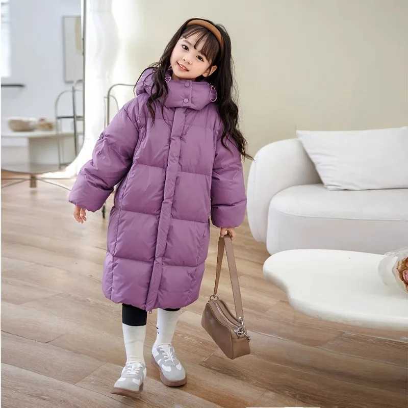 Winter Boys Girls Down Jacket Long Style Purple-Black Parka Coat Hooded Zipper Outerwear Birthday Gift Kids Cotton Clothes 5-14Y Y240803
