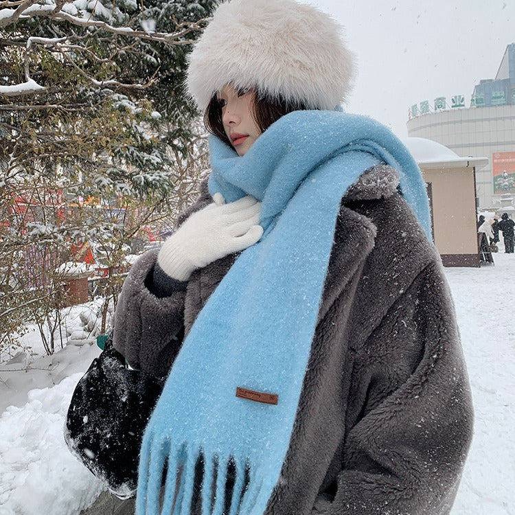 X031 Icelandic sea salt blue scarf female winter high-grade pure color all-match wool neck scarf male warm imitation cashmere shawl