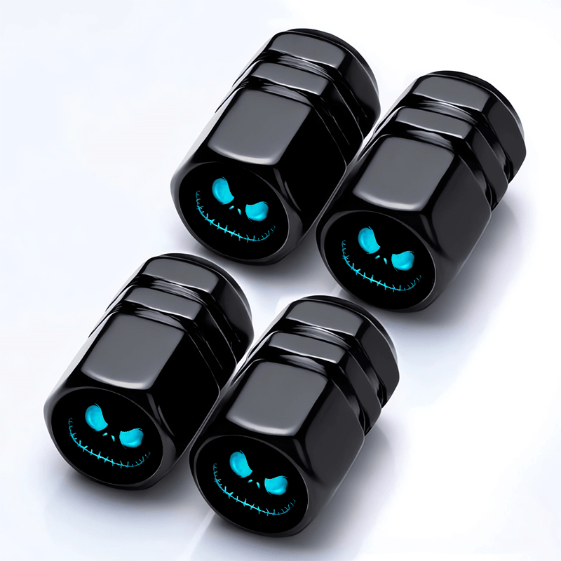 TEMU 4pcs 's Christmas Aluminum Alloy Valve Covers - Black With Blue Glowing Eyes Design, Fit Tire Valve Caps, Durable Metal Decorative Wheel