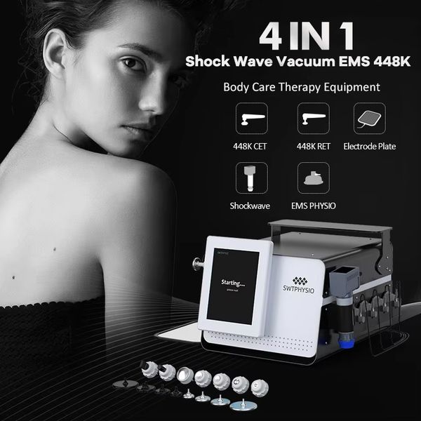 Best Selling Pain Relief Shockwave Physical Therapy Equipment ESWT + 448K RF Tecar + Vacuum EMS 4 in 1 Thermal RET CET Skin Smoothing Anti-c