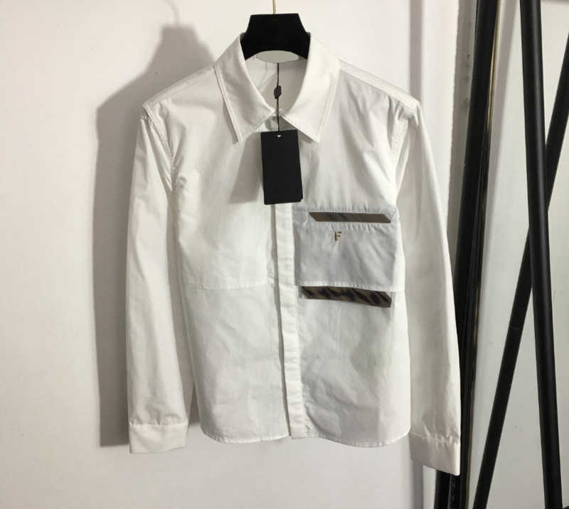 Tops Shirts Womens Breast Pocket Letter Embroidery Lapels Long Sleeves Cotton Shirt Classic Brand Designer Blouse Top Luxury Women Wear 1970
