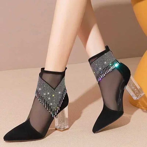 Botas de dança solada de borracha Mulheres 2024 Verão Pointy Rhine-Diamond Tassel Tassel High Mesh Mesh Latina Jazz Modern Dance Shoes Showx