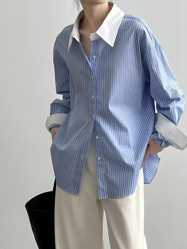 Striped Patchwork Shirt for Women Summer Loose Lapel Office Ladies Long Sleeve Blouses Korean Chic Elegant AllMatch Button Tops 240723