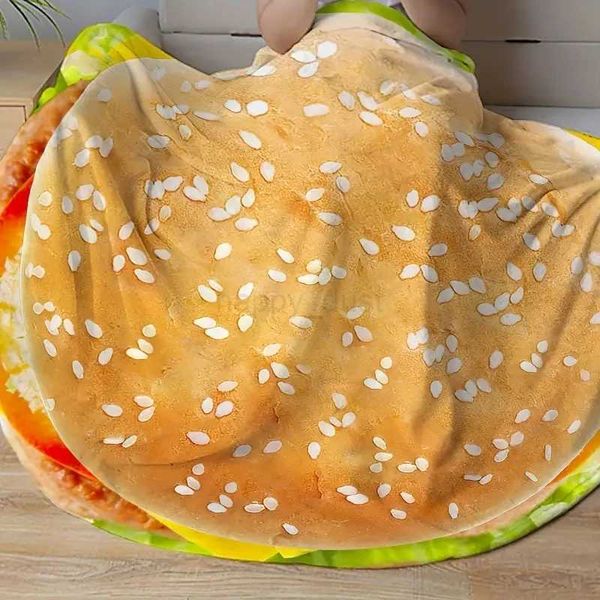 1pc Hamburger Print Blanket Funny Food Flannel Round Blanket Soft Warm Throw Blanket Nap Blanket For Couch Sofa Office Bed CamCL240720