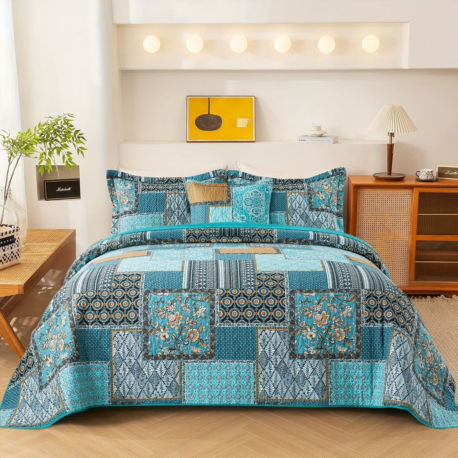 TEMU 3pcs Cotton Comforter Set Queen King For Bed, Teal Farmhouse Quilt Bedding Set Reversible Coverlets Coverlet Sets Boho Oversized King Size