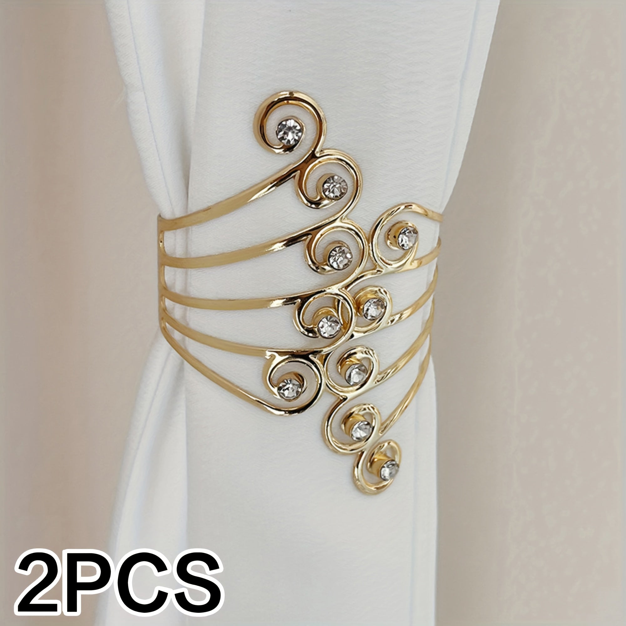 TEMU 2 Golden-silvery Curtain Tiebacks With , Featuring A Light Creative Scroll Shape, For Drilling, Adjustable Curtain Clips, Versatile Arm Rings,