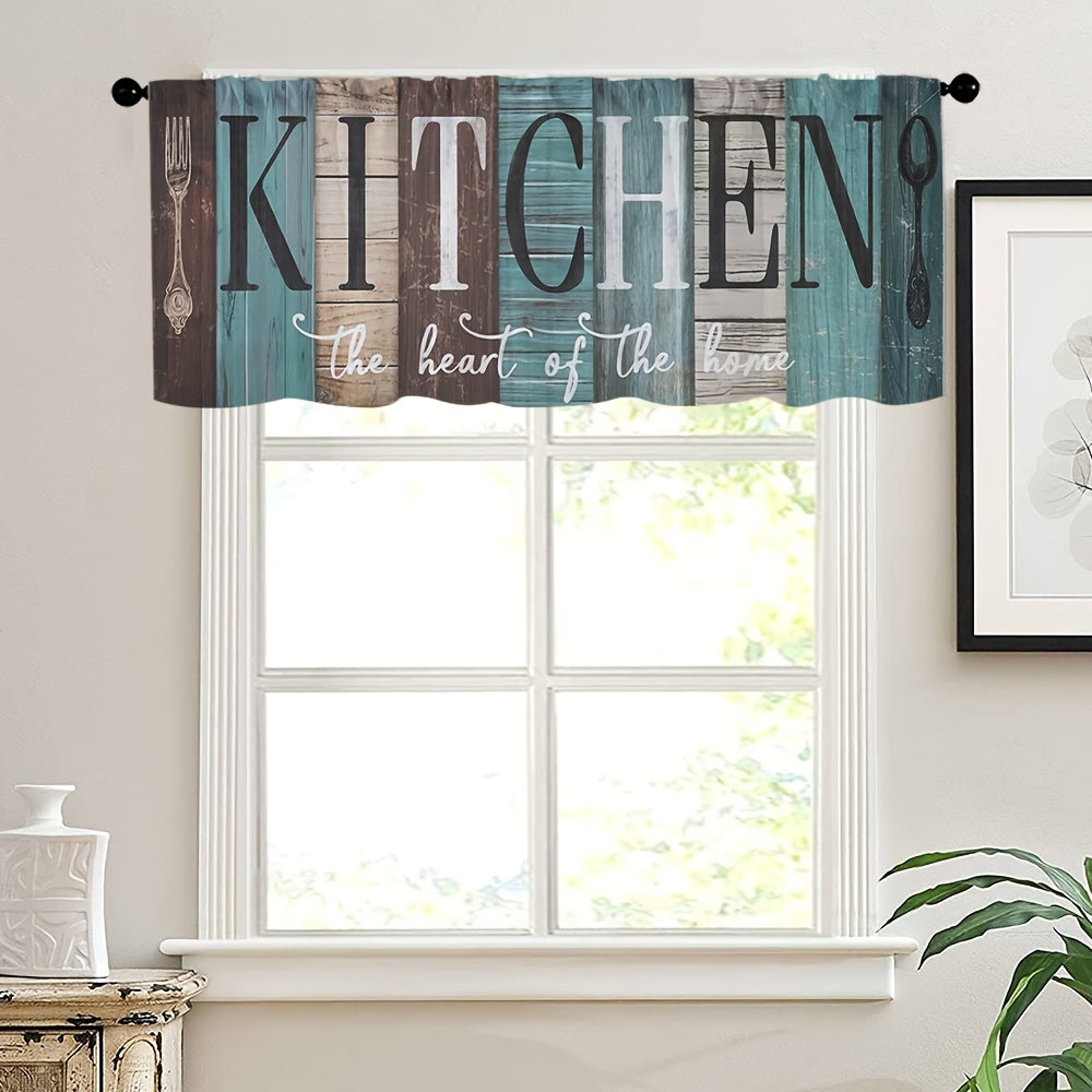 TEMU 1pc Vintage Rustic Kitchen Curtain With Artistic Cooking Utensils Design - Multi-colored Wood Texture Blackout Rod Pocket Short Tier Drapes,