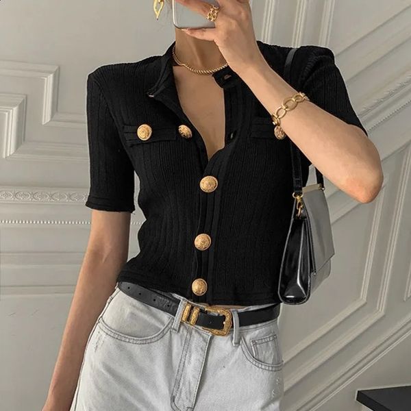 Runway Korean Chic Womens Clothes Cardigan Summer Elegant Oneck Big Button n Slim Female Short Knitting Top Tees 240910