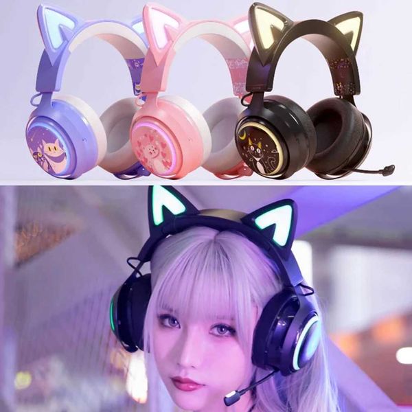 Headsets GS510 Pink Cat Ear Earphones with RGB LED Light Flexible Microphone Gaming Earphones 71 Surround Computer Earphones Suitable for PC