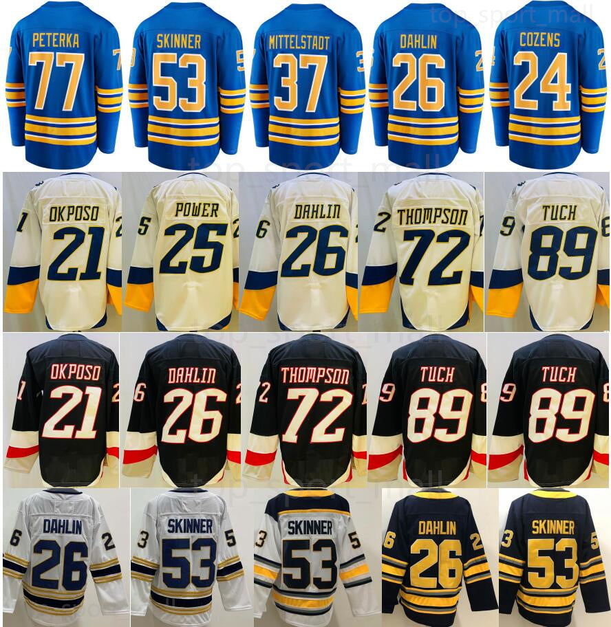 Ice Hockey 53 Jeff Skinner Jerseys 26 Rasmus Dahlin Casey Mittelstadt Tage Thompson Alex Tuch JJ Peterka Dylan Cozens Kyle Okposo Luukkonen Royal Bl