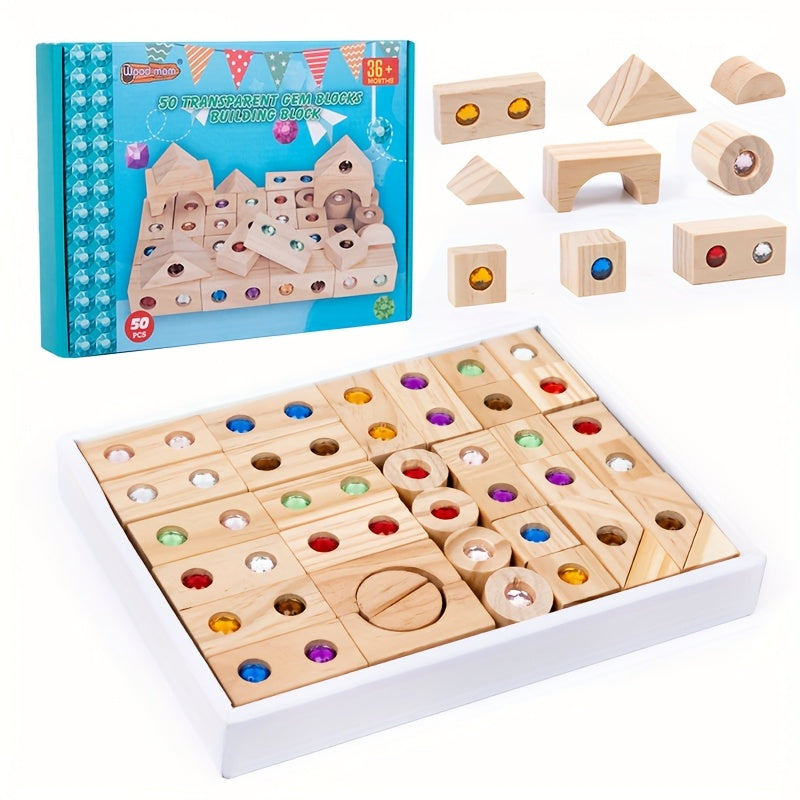 TEMU 32pcs-50pcs Wooden Geometric Shape Gemstone Building Blocks - Educational Toy Puzzle, The Perfect Christmas Gift For Boys And Girls