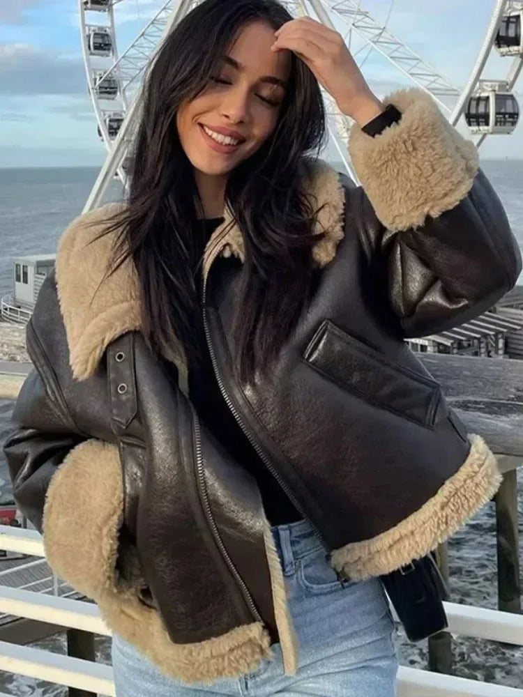 SIYANG Winter Woman Fur Leather Short Jackets Female Thick Warm Turndown Collar Coats Ladies Chic Outerwear 241121