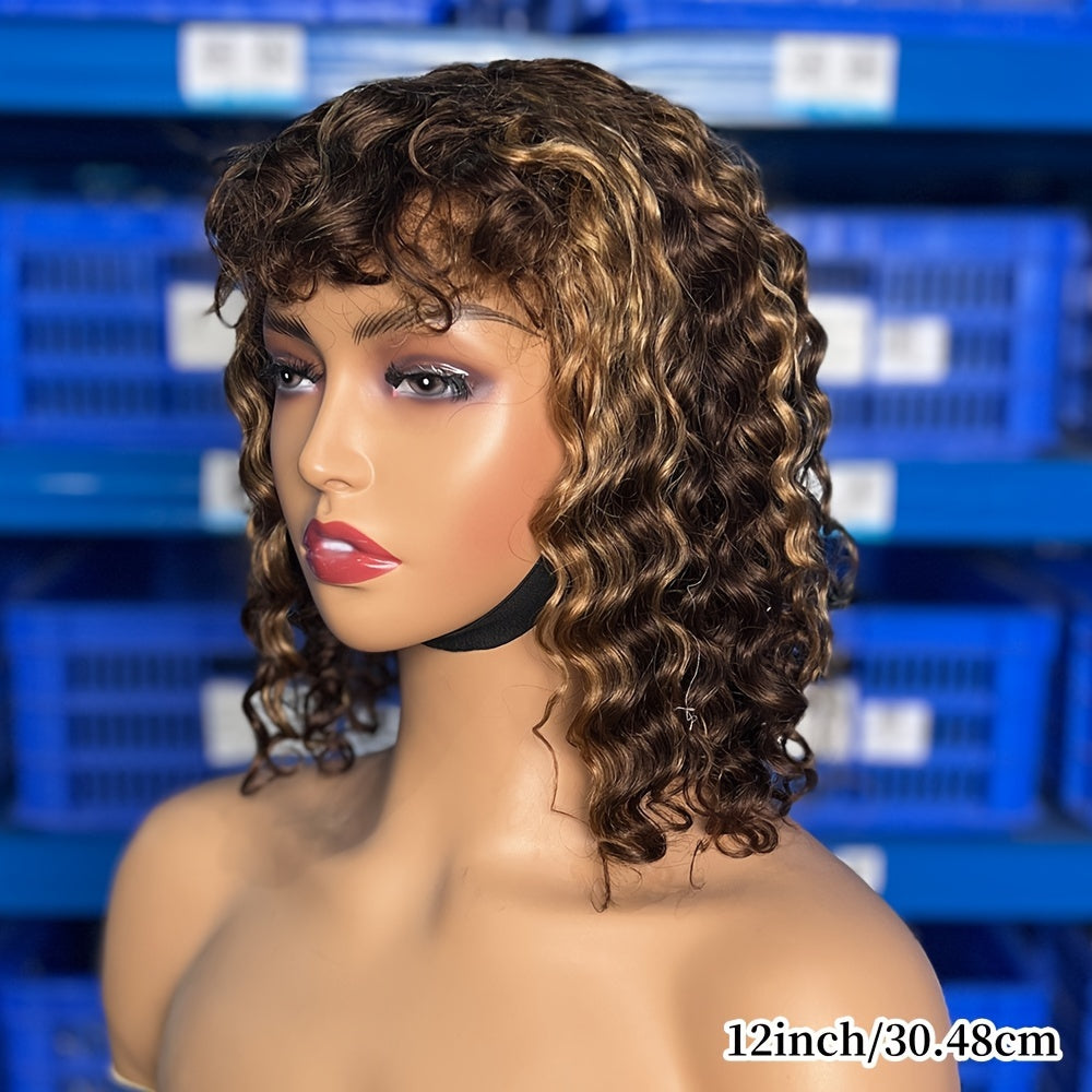 TEMU Women's Natural Look Water Wave Wig With Bangs - Density Glueless Wig, 12 Inch Short Curly Bob Hair, Easy To Style &