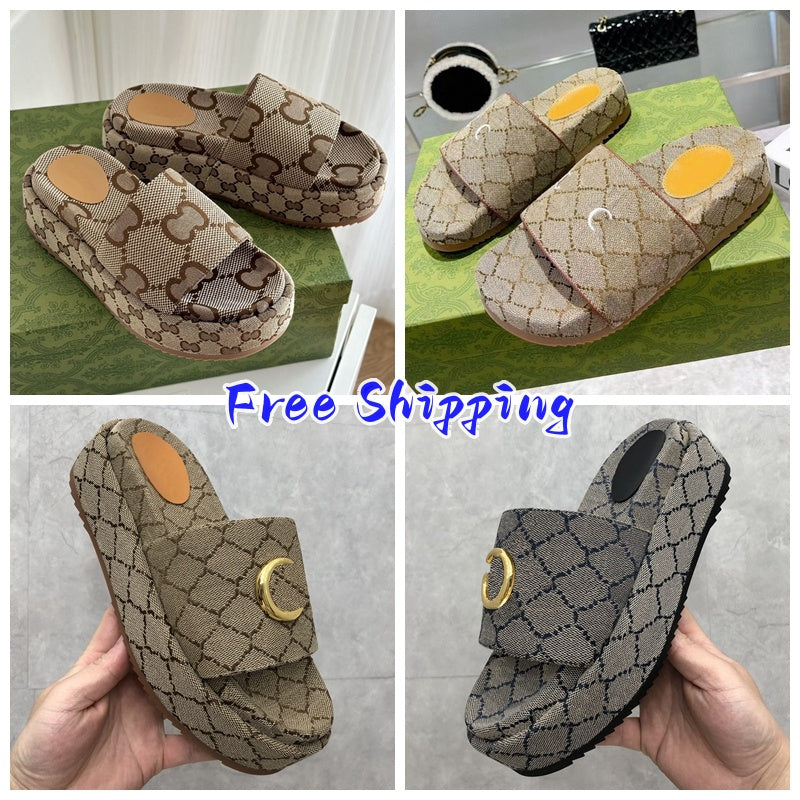 Slippers Designer slippers womens summer sandals fashion embroidered canvas Mules Platform Embroidered Linen High Heel Sandal platform sliders shoes