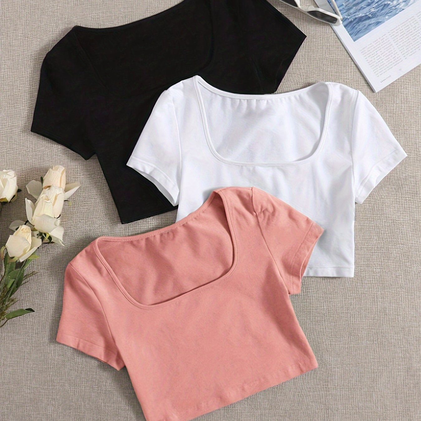TEMU 3 Pack Solid Color Crop T-shirt, Casual Short Sleeve T-shirt For , Women's Clothing