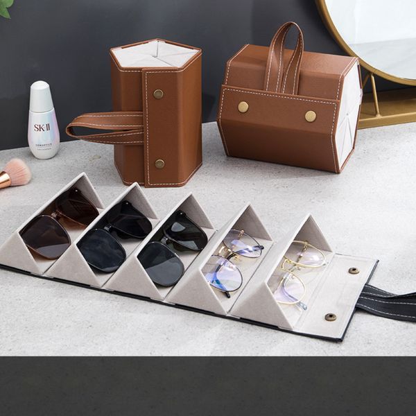 Storage Holders Racks 2 6 Slot Sunglasses Organizer Travel Case Foldable Eyeglasses Holder Box Eyewear PU Leather Multi grid Glasses 230307