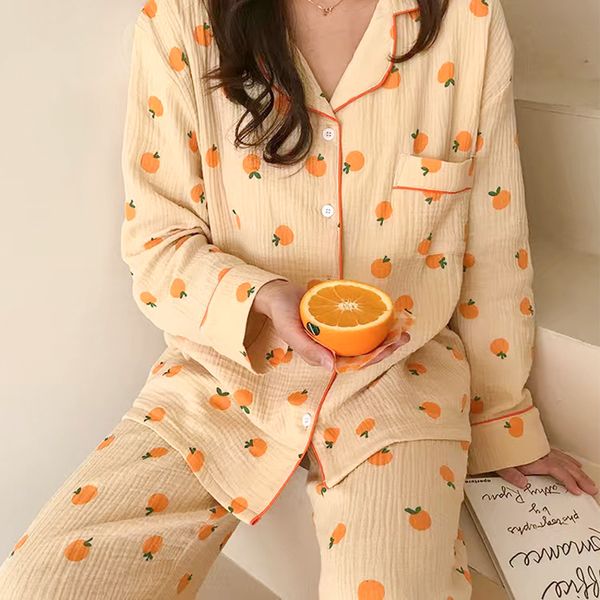 Cotton Gauze Pamas For Women Korean Long Sleepwear Orange Print Pijamas Pyjamas Short Sleeve 2 Piece Female Set Dropshipping