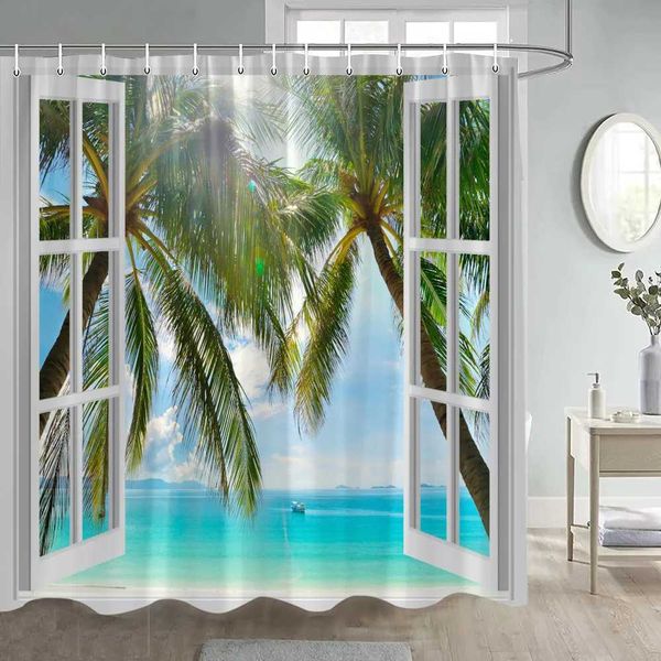 Shower Curtains Blue Ocean Shower Curtain Tropical Beach Coconut Tree Sailboat Bird Sea Waves Nature Landscape Bathroom Curtain Decor With H