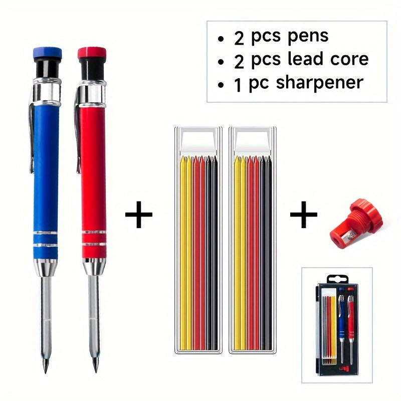 TEMU 1 Set 2 Boxes Of Refills + 2 Pencils Woodworking Pencil Deep Hole Engineering Drawing Marking Built-in Pencil Sharpener Woodworking Tools Metal
