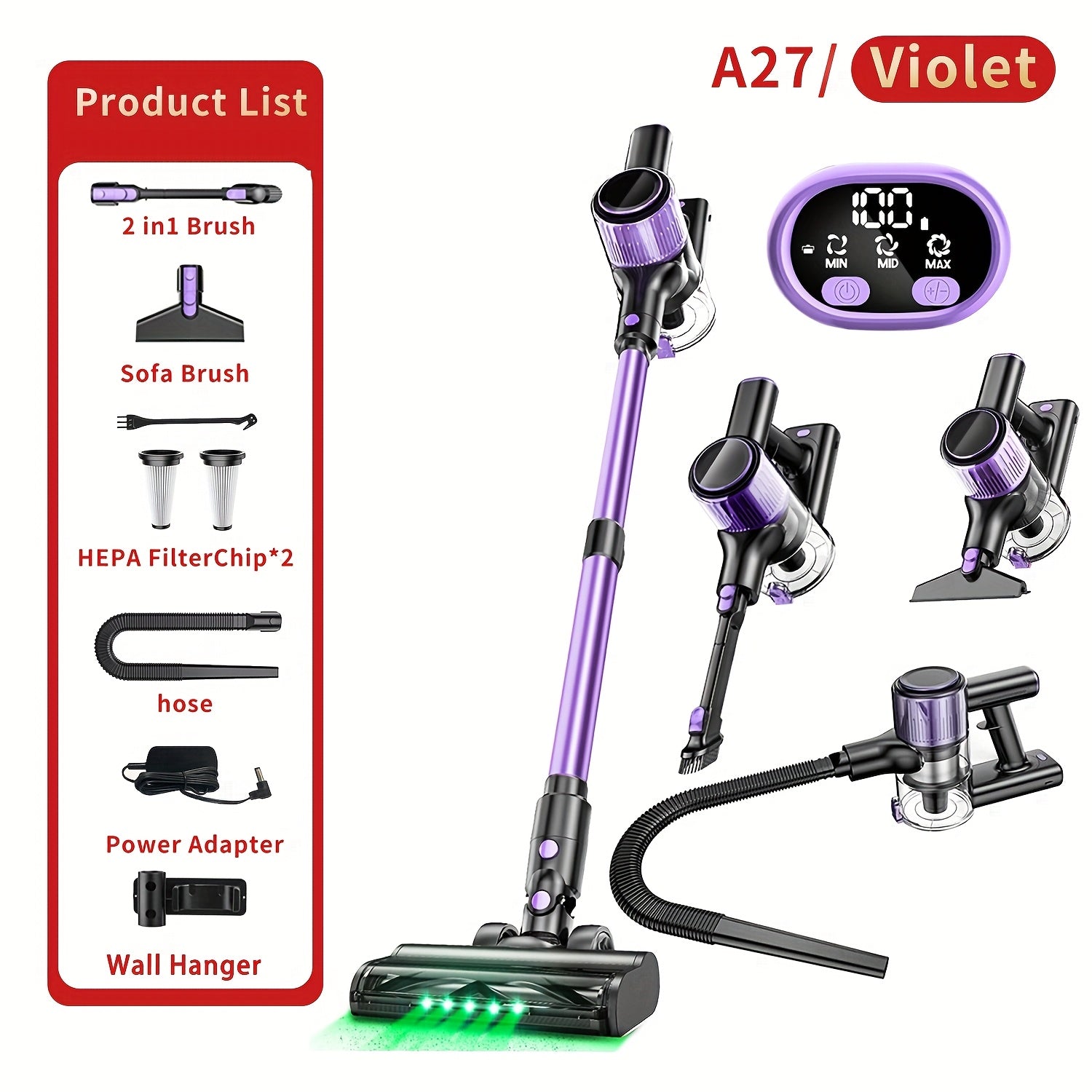 TEMU Cordless Vacuum Cleaner, 10 In 1 Powerful Stick Vacuum, With Anti- Brush And Upgraded Green Light, 45 Mins Lightweight Vacuums For Hardwood