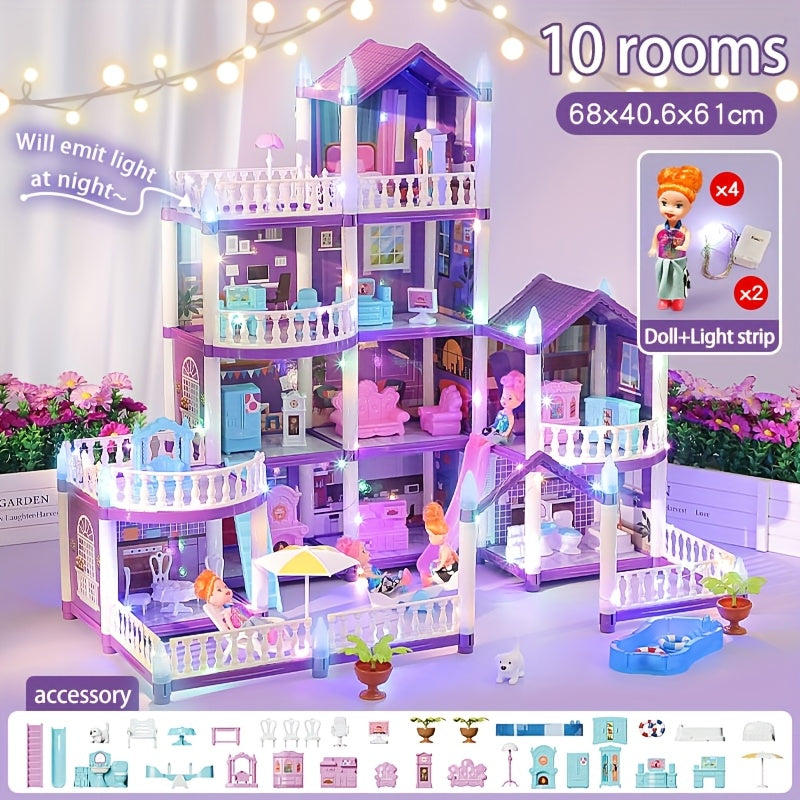 TEMU Doll House For Girls, 11 Rooms Dollhouse With Dolls Figure, Puppies, Furnitures, Accessories, Led Light, Playhouse Gift For For 3 4 Year Old