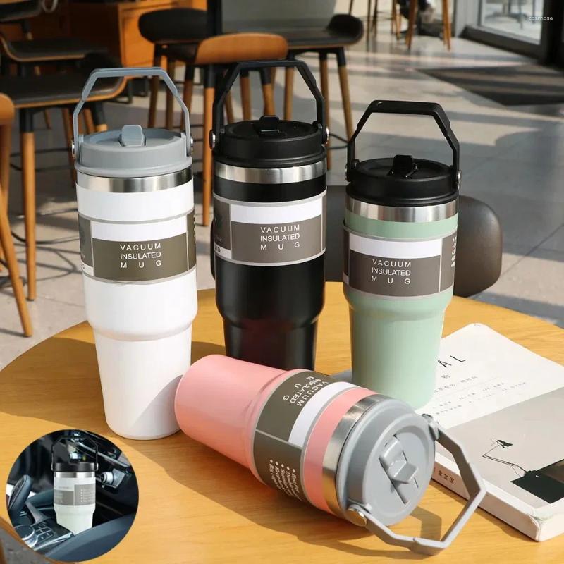 Cups Saucers Stainless Steel Vacuum Insulated Tumbler 30 Oz With Lid Thermal Coffee Car Cup Travel Mug Large Capacity Handle Straw