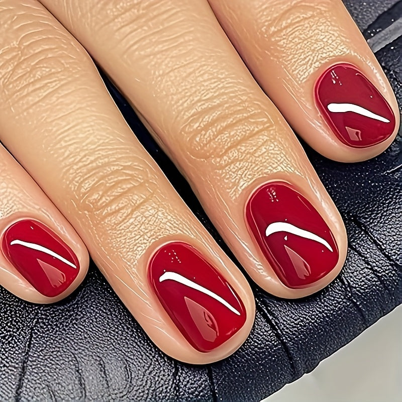 TEMU Extra Short Squoval Press-on Nails In A Vibrant Spring-summer Red, Featuring 24 Glossy Round Reusable Fake Nails With A Finish, Acrylic For
