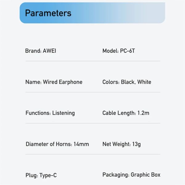 Awei PC-6T Type-C Wired Headphones In-Ear Headset Wired Earphones With Mic Volume Control Compatible For All Mobile Phones