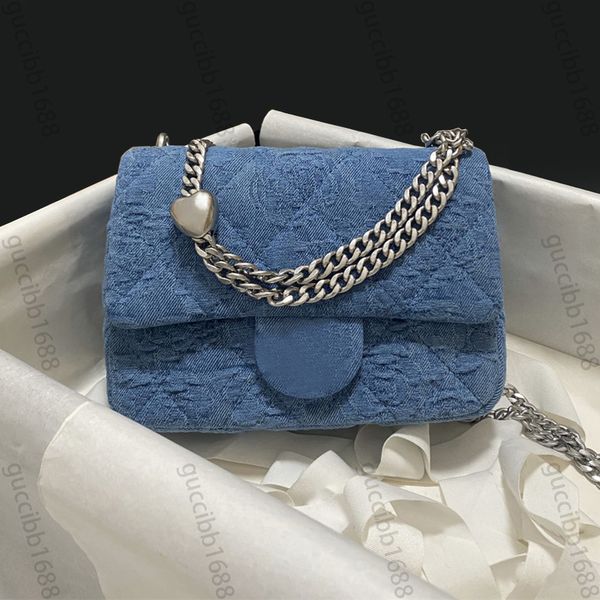 10A Mirror Quality Designer Mini Square Flap Bag Womens Denim Quilted Purse Silver Heart Ball Luxury Real Leather Interior Handbag Crossbody
