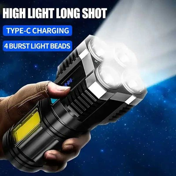 4LED High Power Led Flashlights Rechargeable Camping Spotlight with Side Light 3 Lighting Modes for Camping Adventure Outdoor Y240731