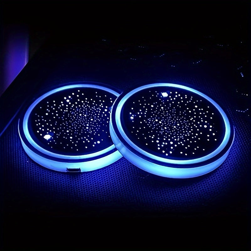 TEMU 2pcs Car Led Coasters With Usb-powered Blue Starry Night Lights, Non-slip Round Cup Holders For Car Interior Decor, Holiday Party Accessories &