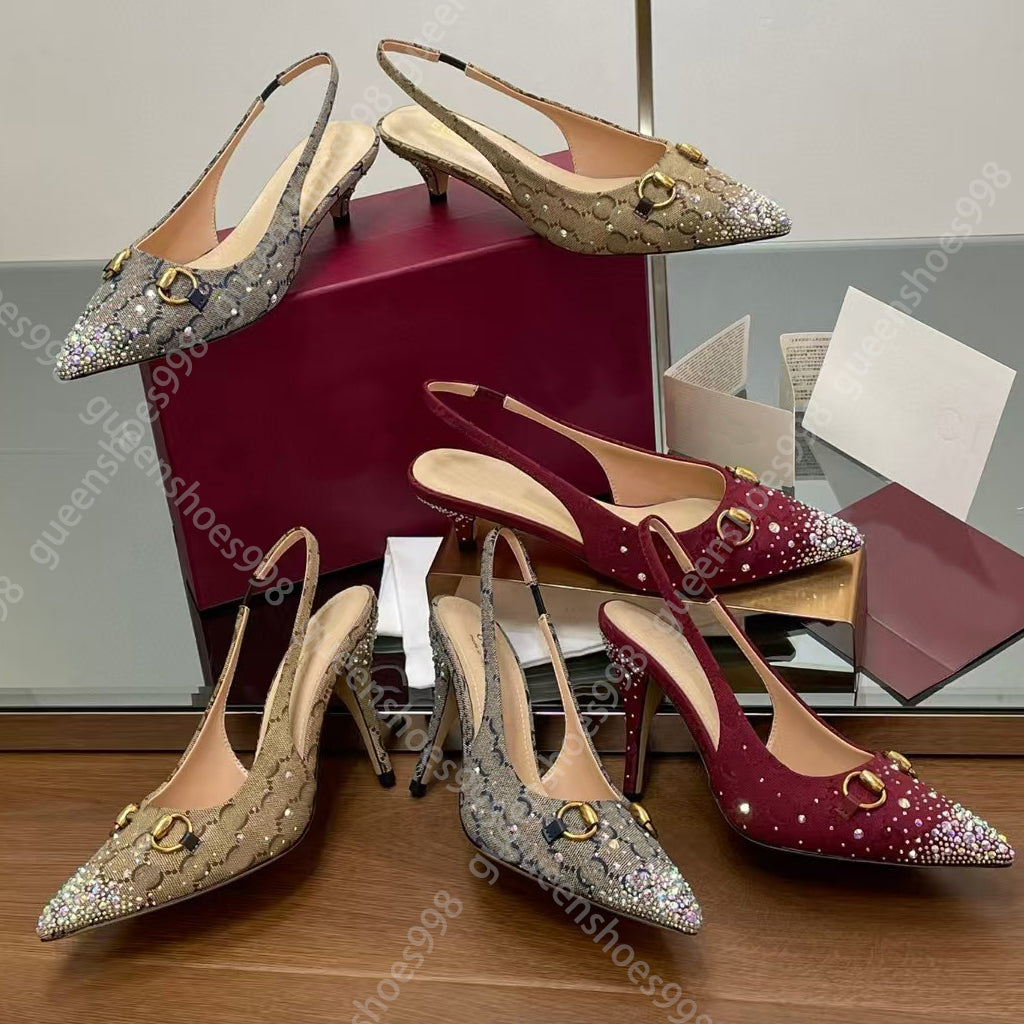 Top Quality Slingbacks Women Colorful Diamond Decoration Luxury Designer Sandals Fashion Ankle Strap Canvas Metal Buckle Decoration Party Wedding Sh