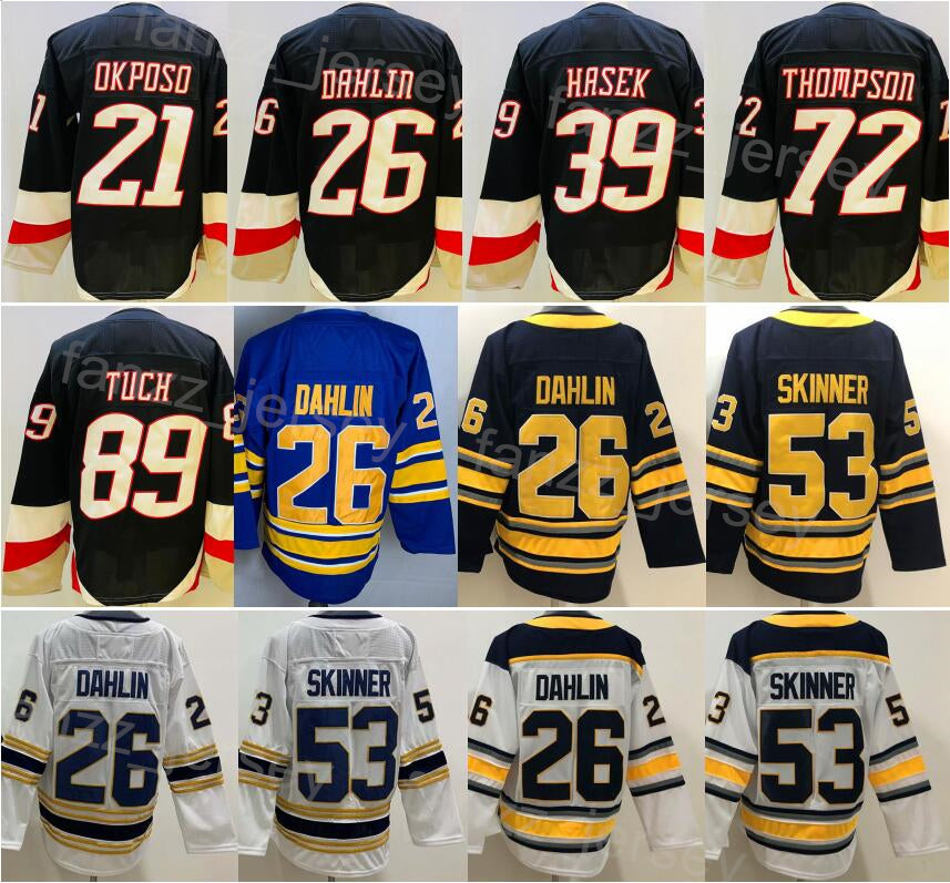 2023 Reverse Retro Hockey 53 Jeff Skinner Jersey Blank 26 Rasmus Dahlin 39 Dominik Hasek 72 Tage Thompson 89 Alex Tuch 21 Kyle Okposo Black White 20